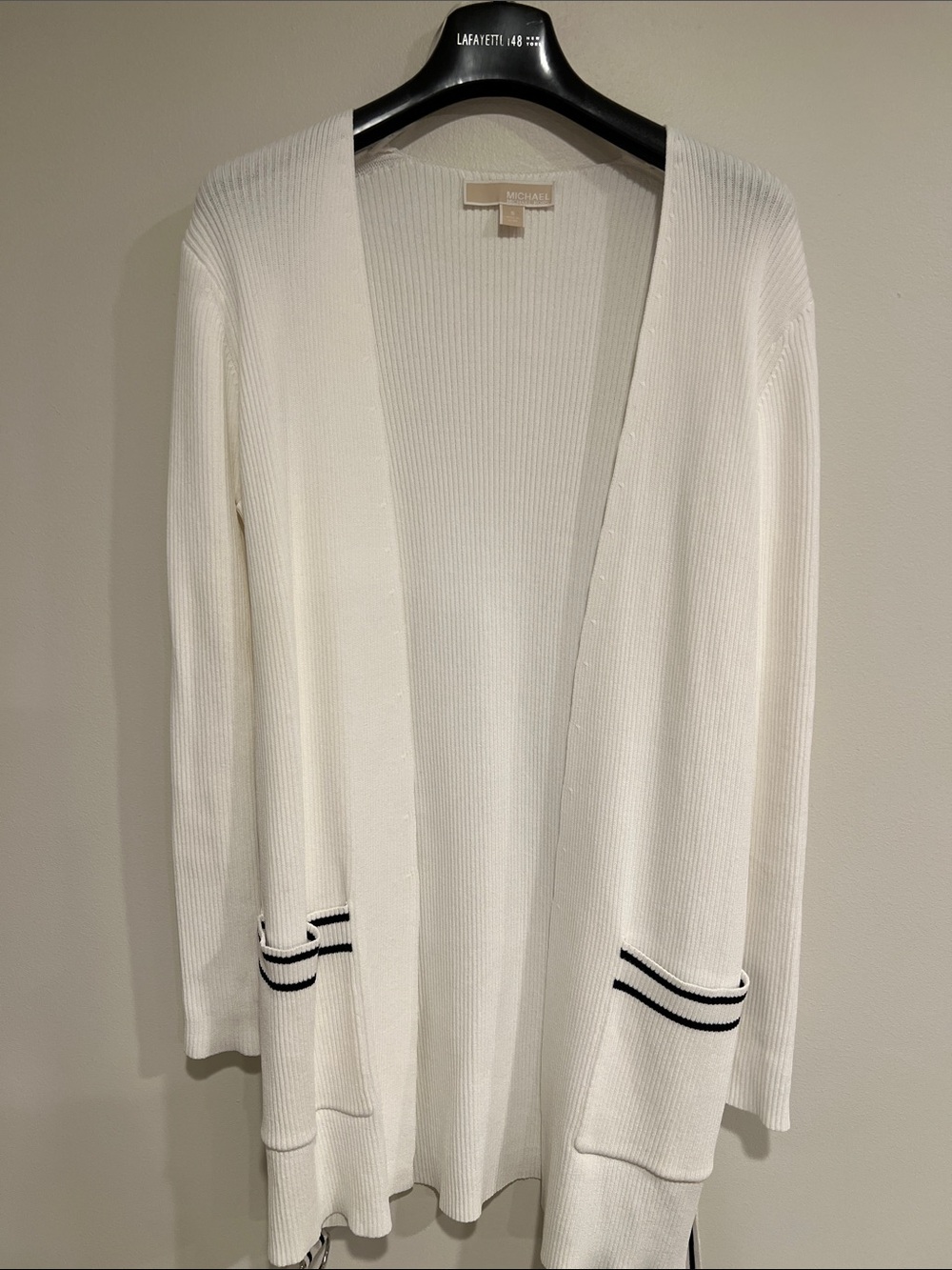 MICHAEL Michael Kors Cream Open-Front Ribbed Cardigan with Black Stripe Detail
